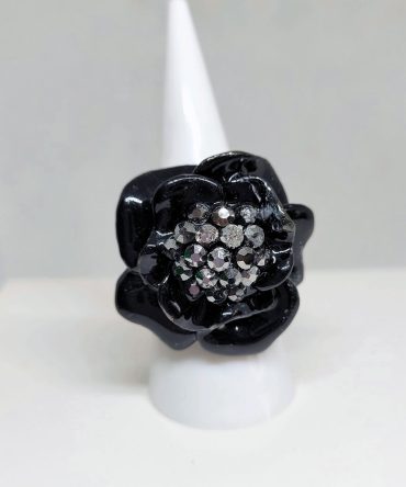 Large black flower ring with gems vintage