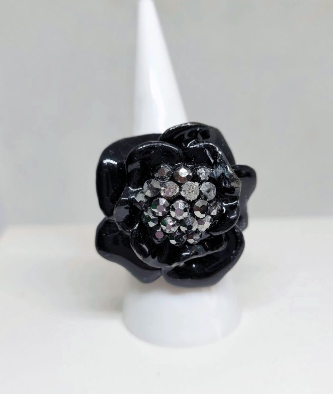 Large black flower ring with gems vintage