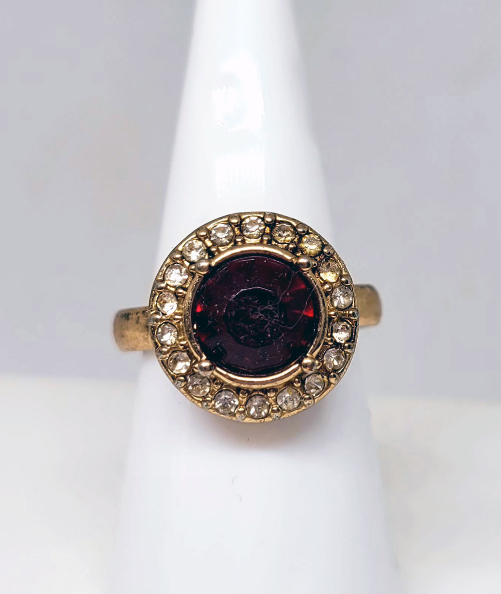 Gold round ring large red gem small white gem vintage Red's Jewels