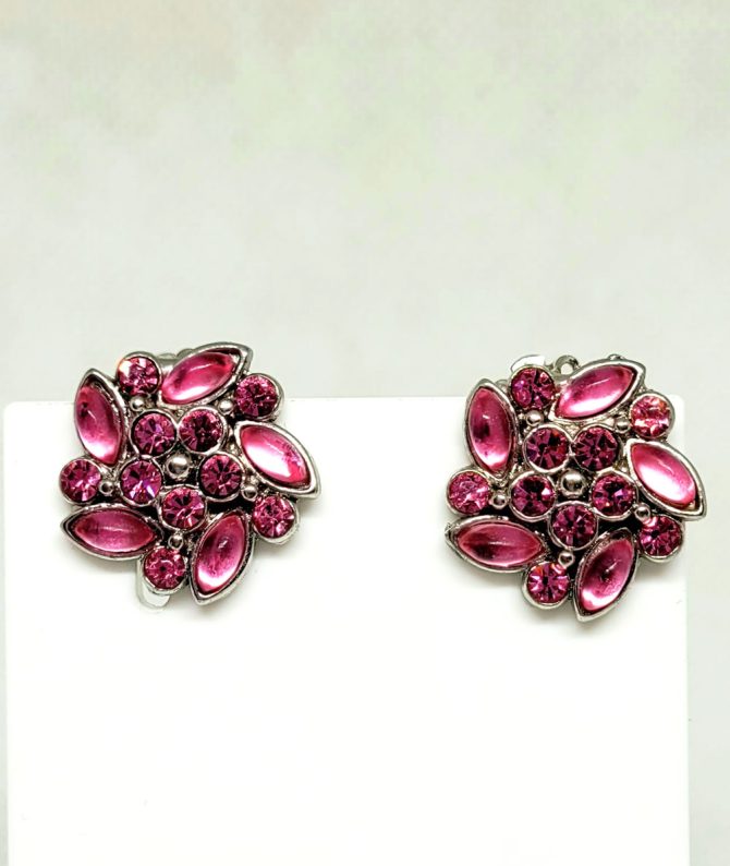 Pink gem cluster stud earrings vintage clip on