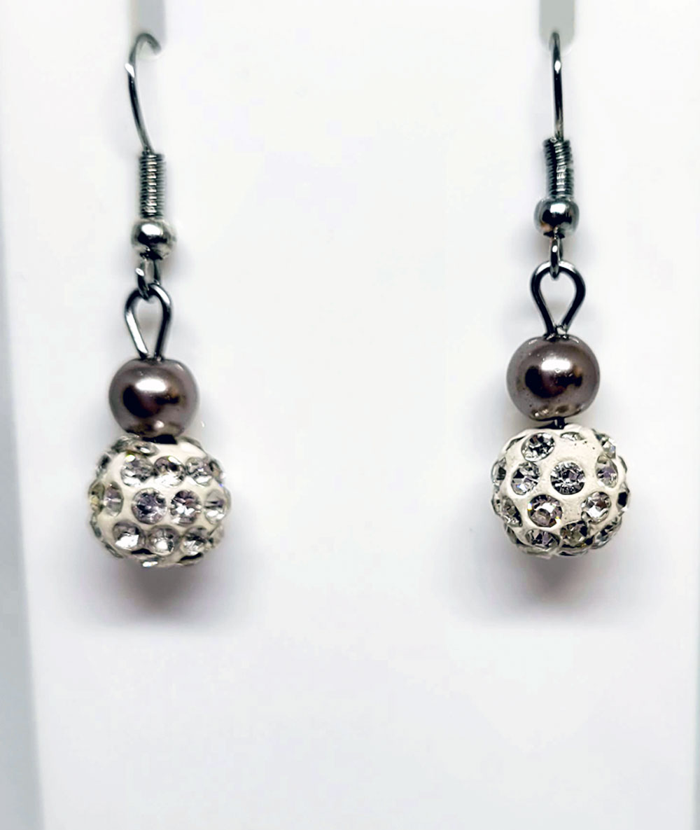 Silver white ball white gem drop earrings Red's Jewels