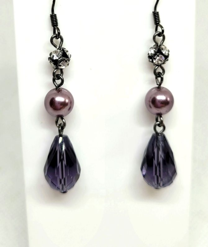 Crystal purple bead teardrop earrings vintage