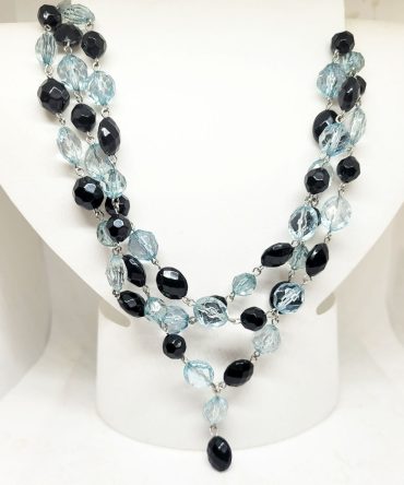 Black blue bead 3 strand necklace vintage