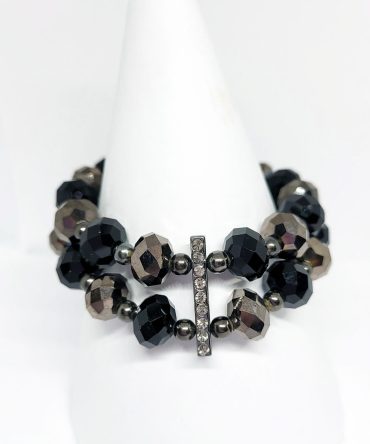 Black grey bead diamante 2 row bracelet