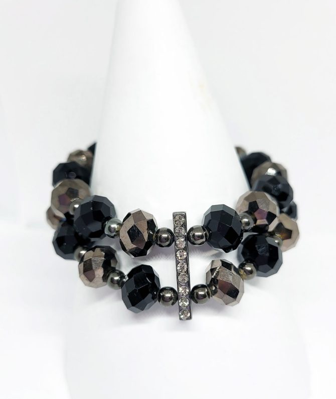 Black grey bead diamante 2 row bracelet
