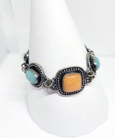 Blue orange stone silver bracelet