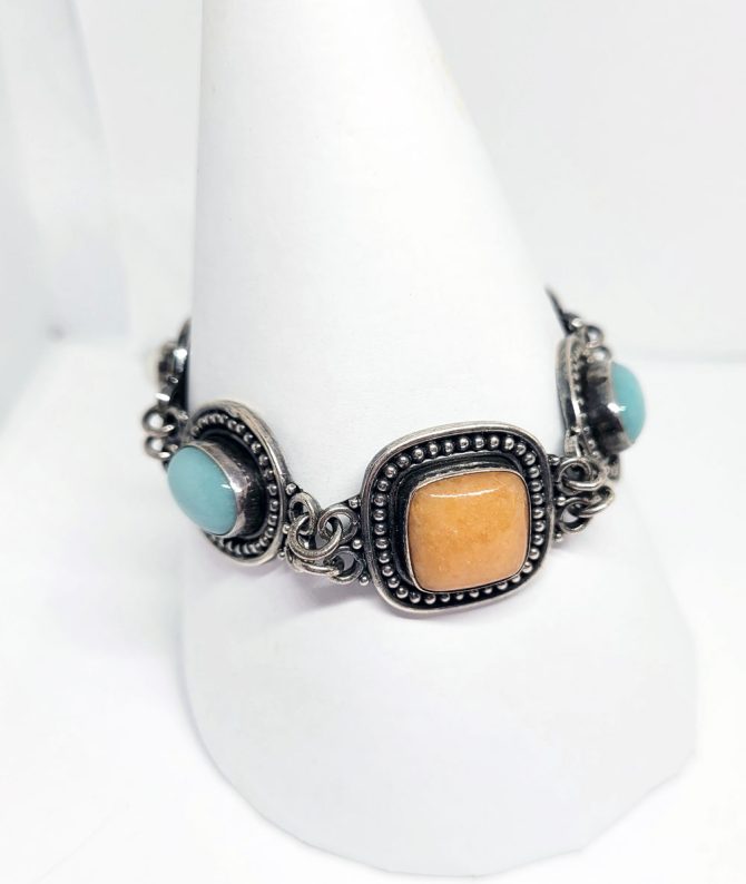 Blue orange stone silver bracelet