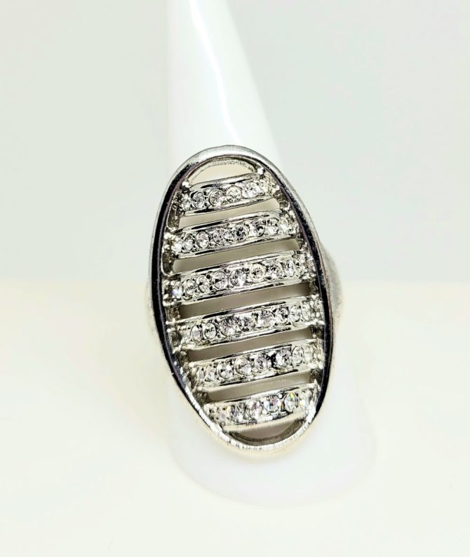 Diamante striped large oval silver ring