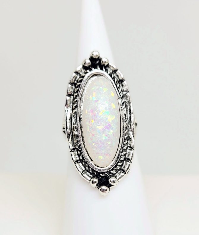 Oval white stone silver ring