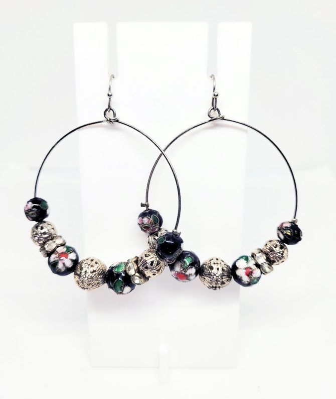 Large silver hoop bead earrings