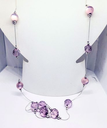 Pink bead silver long necklace