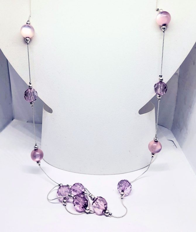 Pink bead silver long necklace