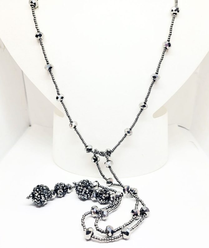 Grey bead ball long necklace