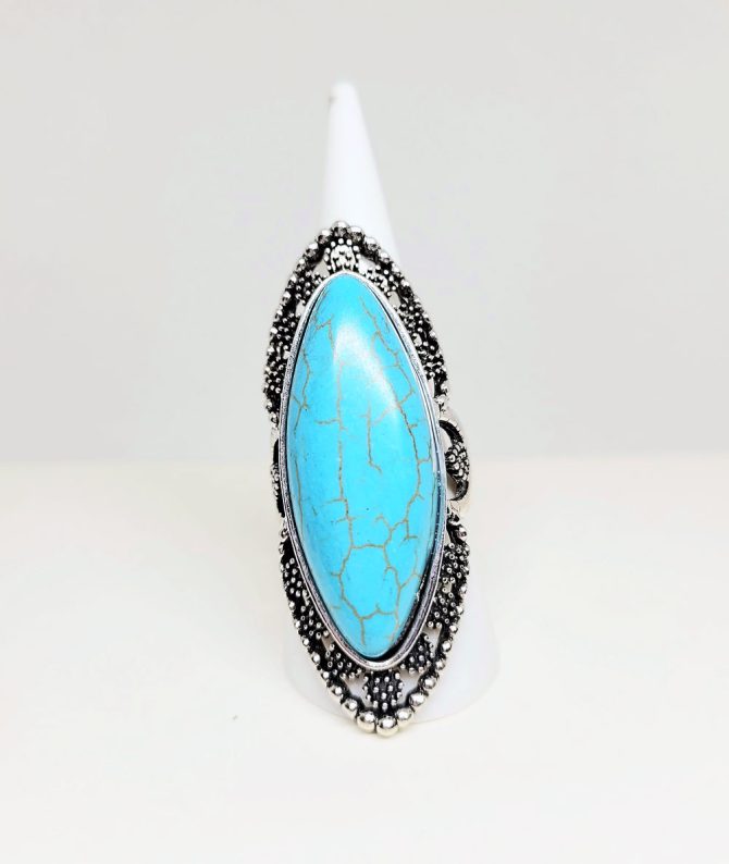 Blue long oval silver ring