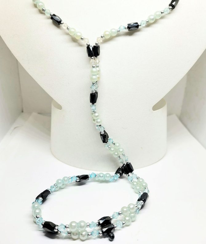 Hematite light blue bead necklace