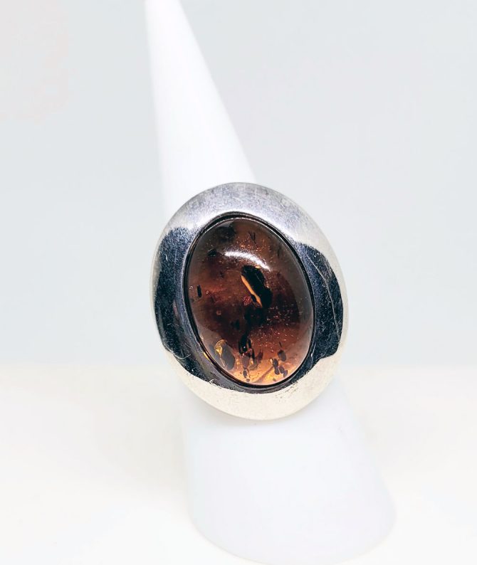 Amber large oval sterling silver ring vintage