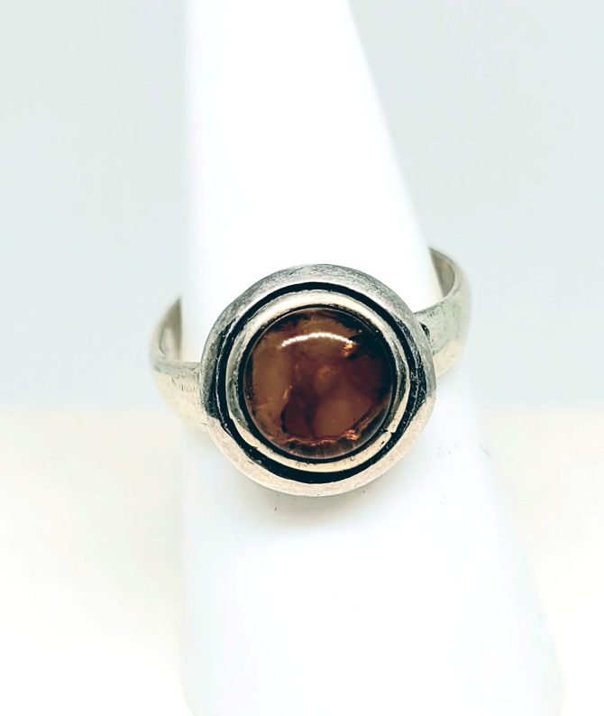 Amber round sterling silver ring vintage