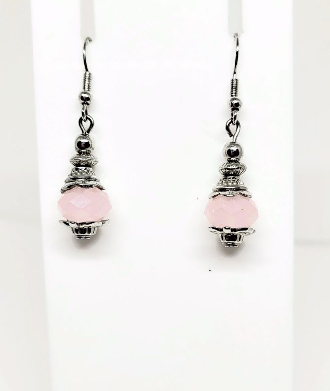 Pink bead silver earrings