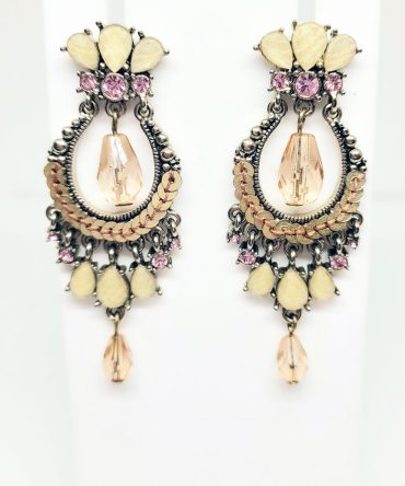 Brown bead pink crystal drop earrings vintage