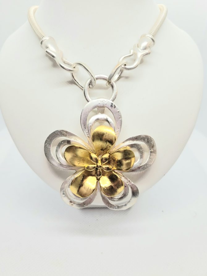 Large silver gold flower necklace