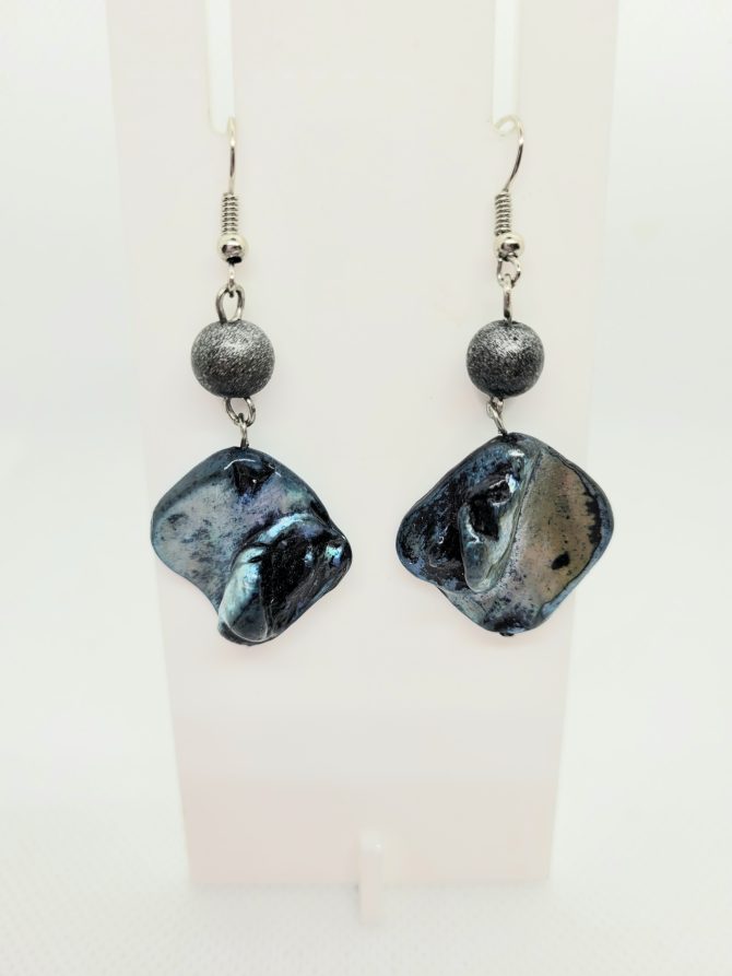 Grey bead blue drop earrings