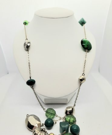 Green bead silver long necklace