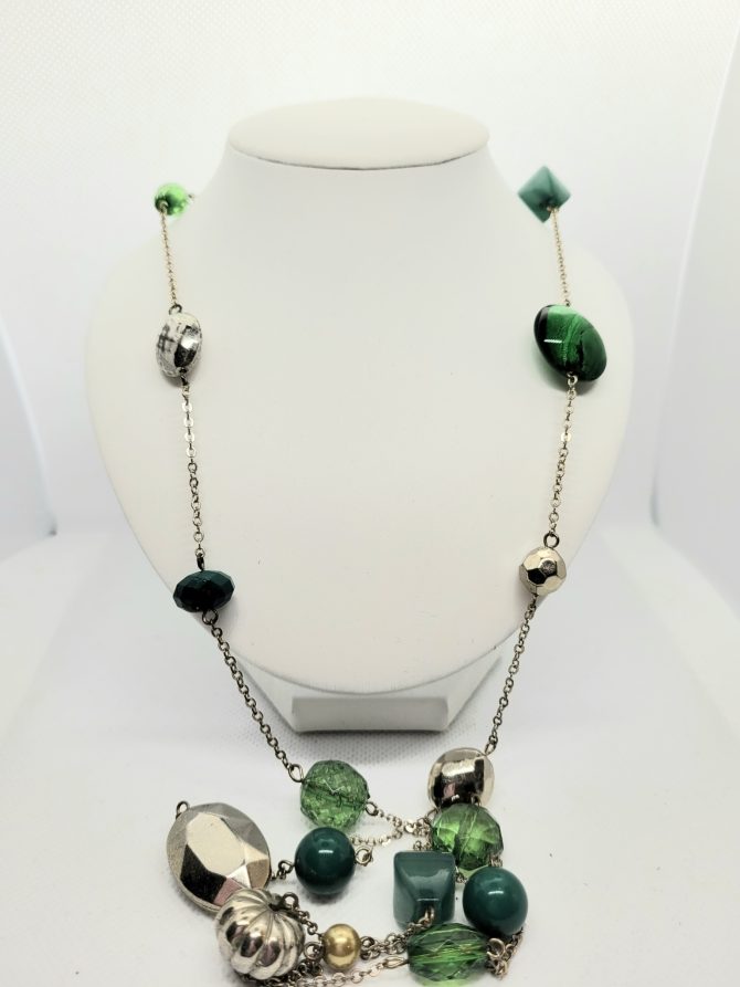 Green bead silver long necklace