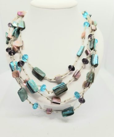 Blue pink bead multi strand necklace