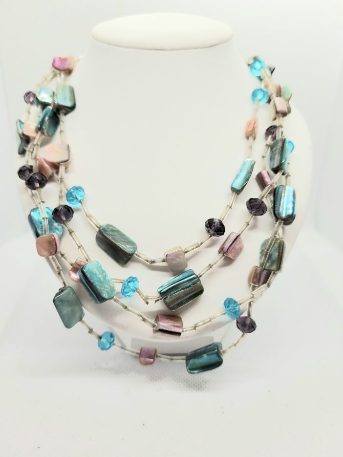 Blue pink bead multi strand necklace