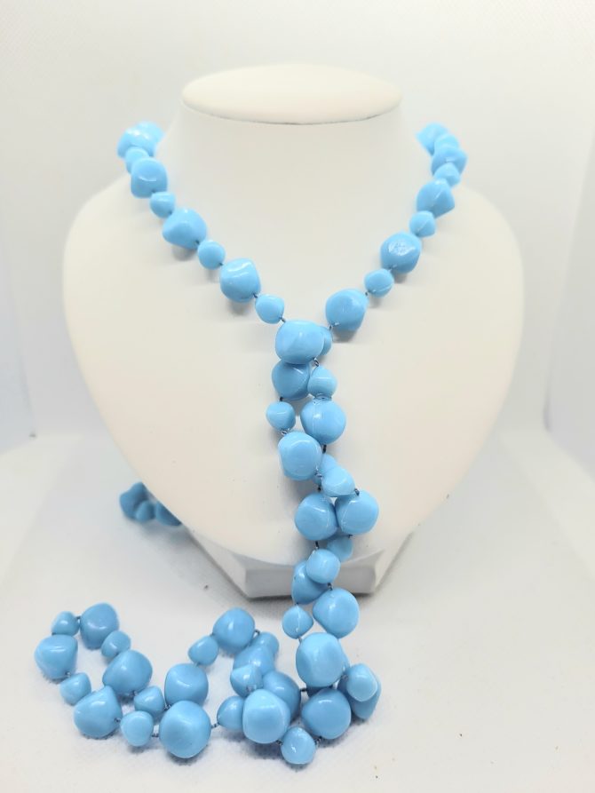Pale blue bead long necklace