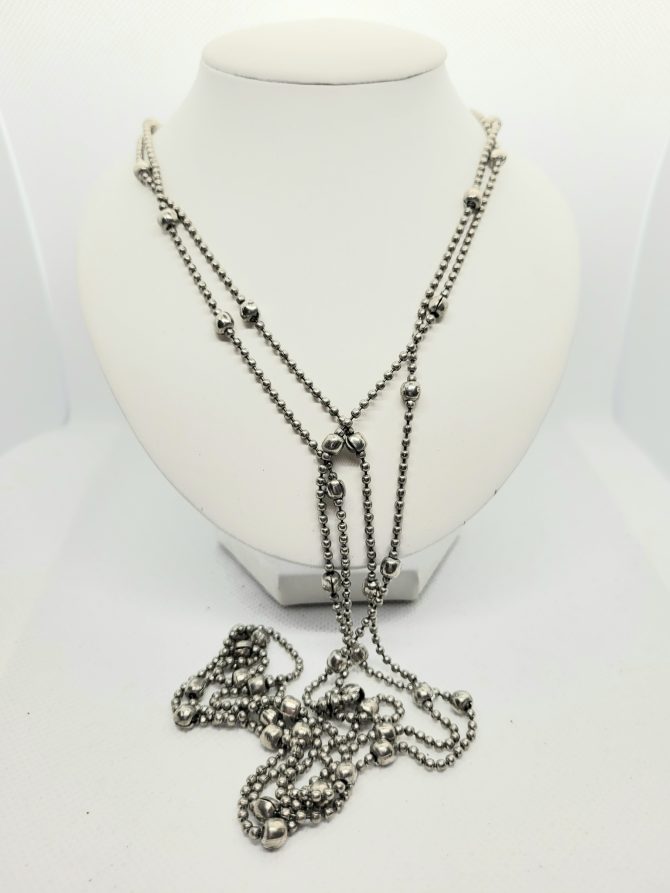 Long silver bead necklace