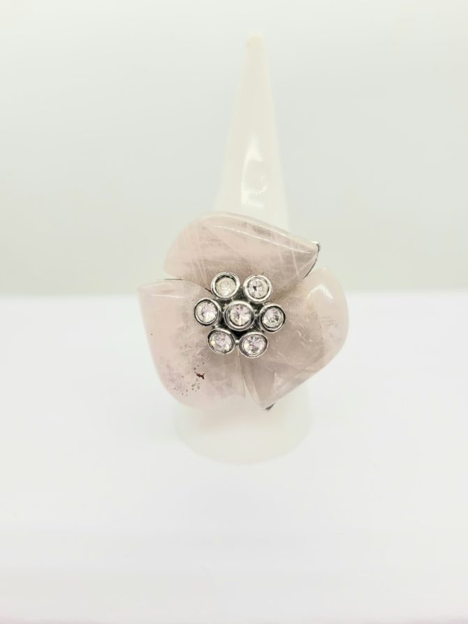 Diamante rose quartz flower ring