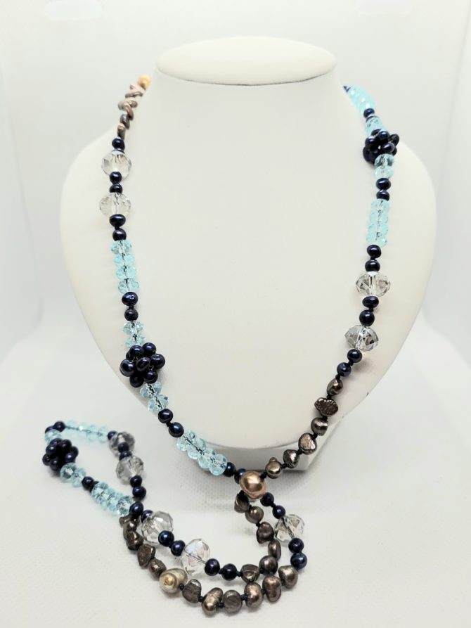 Brown blue pearl and bead necklace