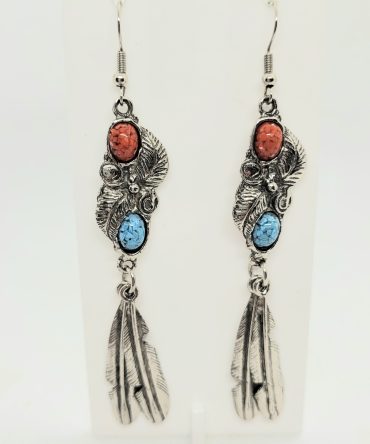 Blue red feather earrings