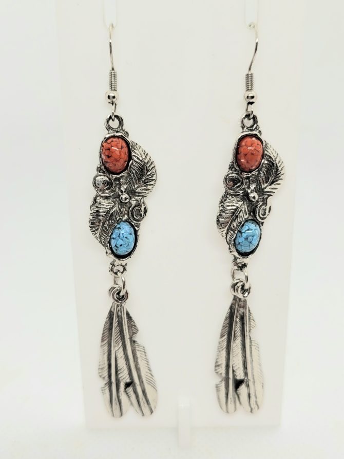 Blue red feather earrings
