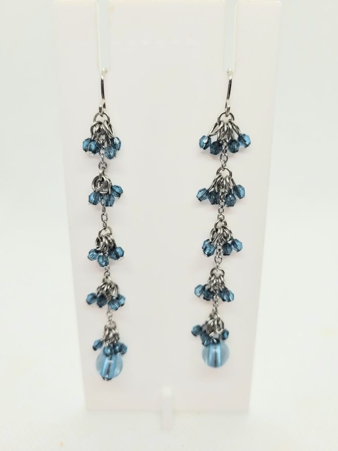 Blue silver long drop earrings