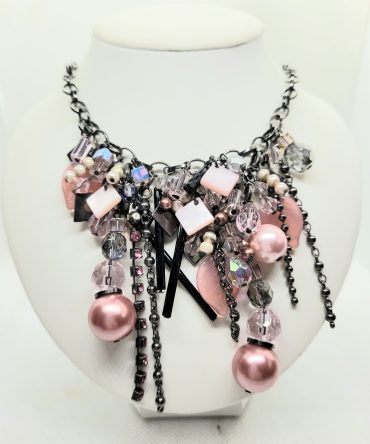 Black pink bead charm necklace